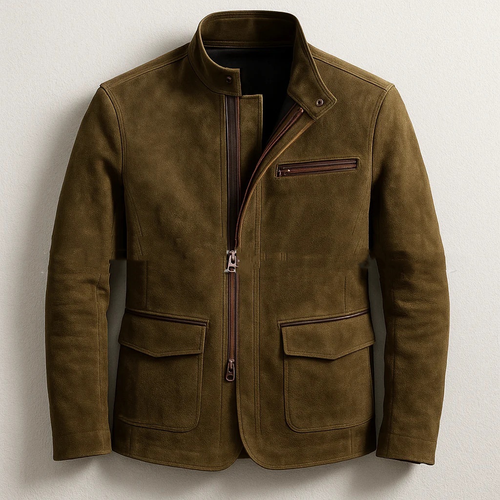 Mens Stand-Up Collar Zip-Up Jacket Casual Vintage Outerwear