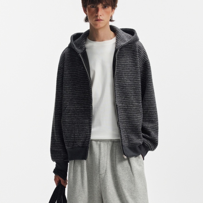 Hooded Heavyweight Lazy Style Striped Cardigan Coat