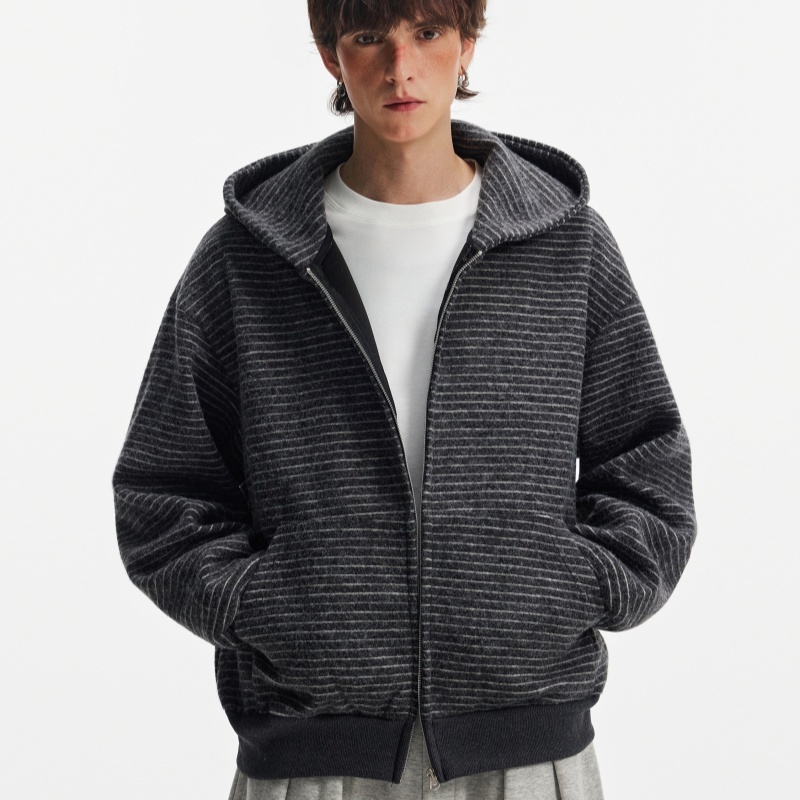 Hooded Heavyweight Lazy Style Striped Cardigan Coat - الصورة 4