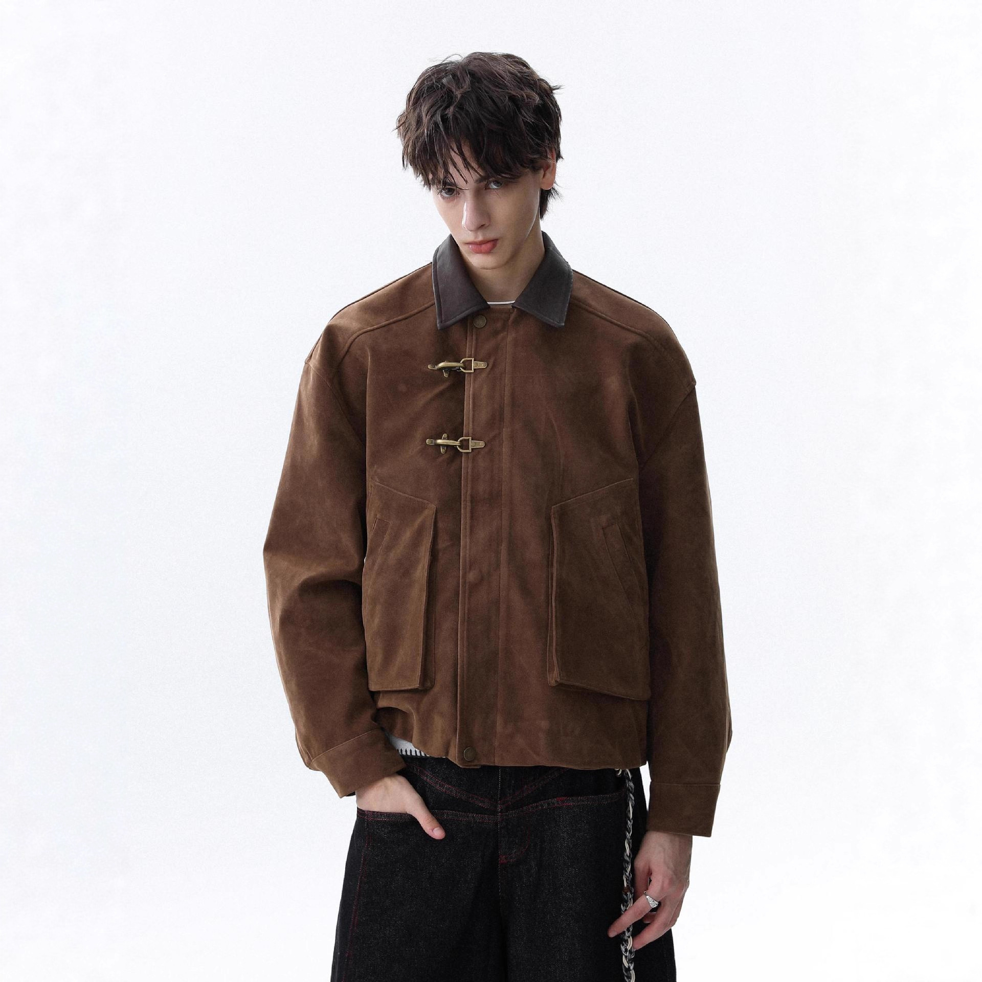 Maillard Brown Leather Collar Airplane Button Jacket Men's Simple Casual Coat