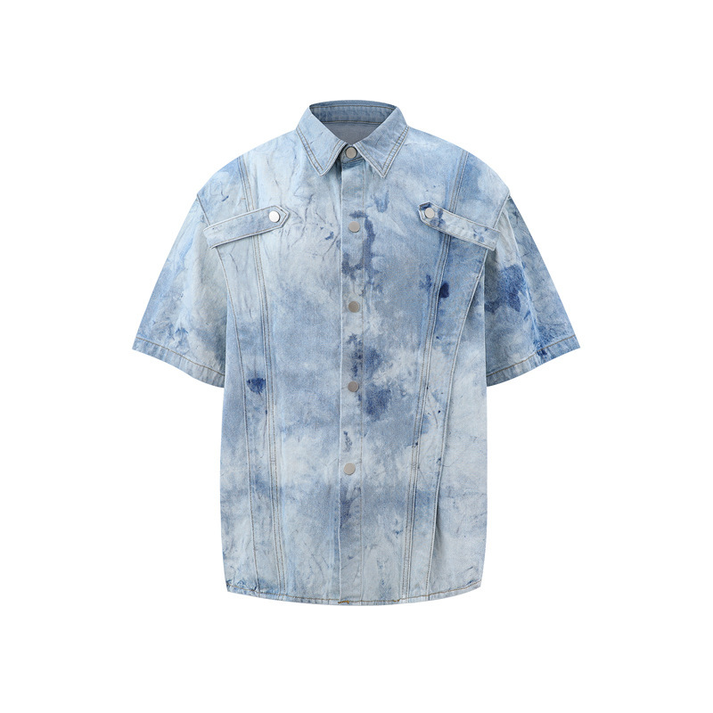 Trendy Edgy High-street Gradient-wash Denim Shirt And Shorts Set - الصورة 7
