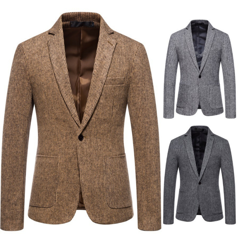 Simple Mens Fashionable Business-Casual Korean-Style Striped Wool Blazer