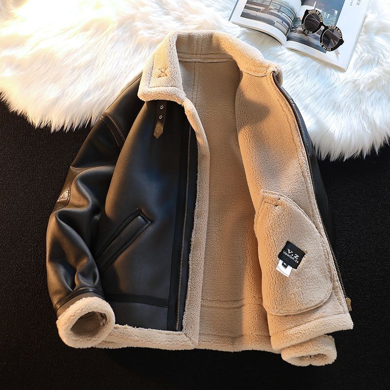 Men's Winter Fleece-Lined Thickened Kamela PU Leather Lamb Wool Integrated Cotton Jacket - الصورة 3