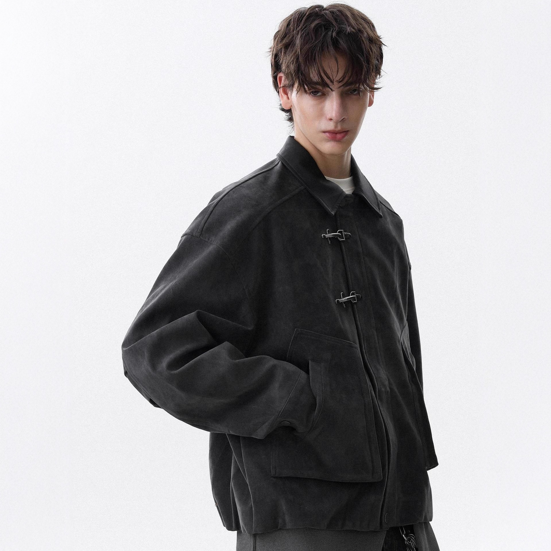 Maillard Brown Leather Collar Airplane Button Jacket Men's Simple Casual Coat - الصورة 2