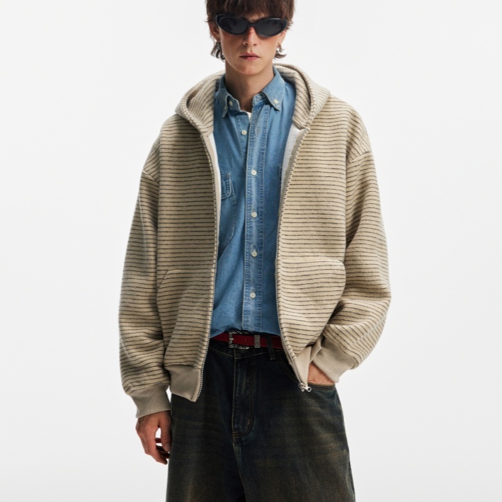 Hooded Heavyweight Lazy Style Striped Cardigan Coat - الصورة 2