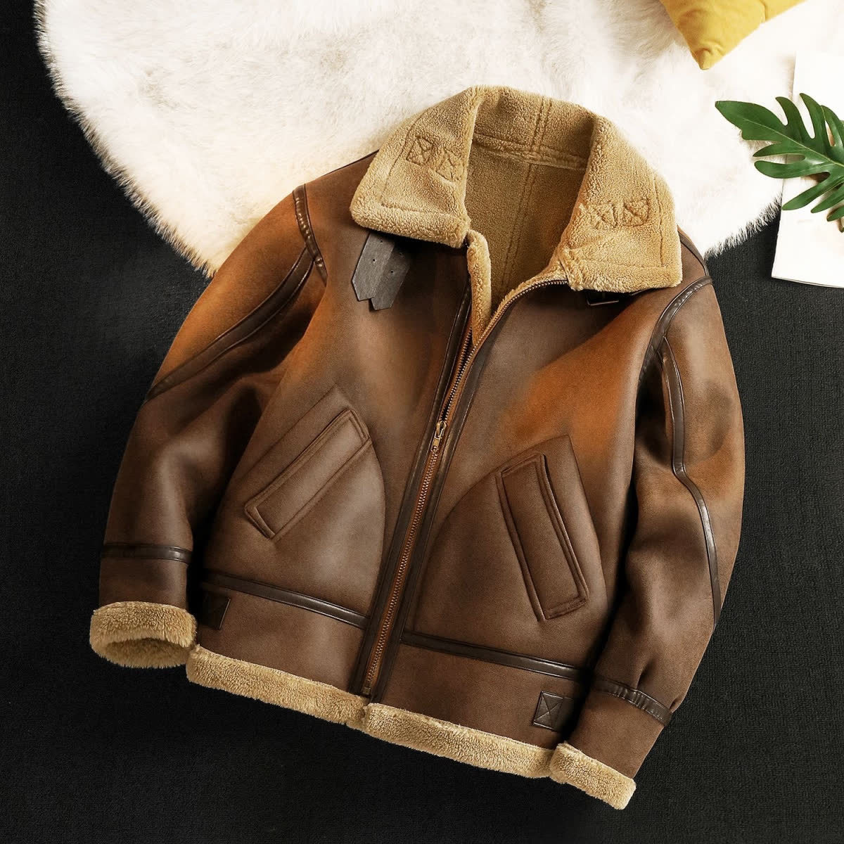 Men's Winter Fleece-Lined Thickened Kamela PU Leather Lamb Wool Integrated Cotton Jacket - الصورة 7