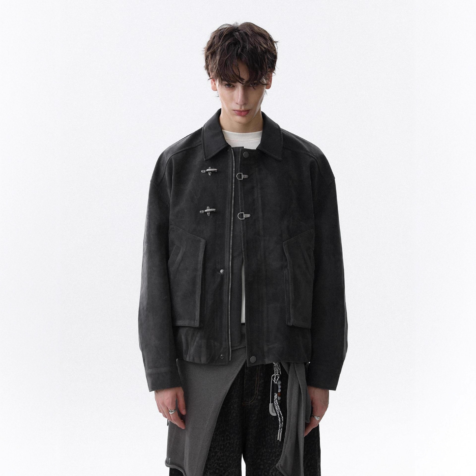 Maillard Brown Leather Collar Airplane Button Jacket Men's Simple Casual Coat - الصورة 4