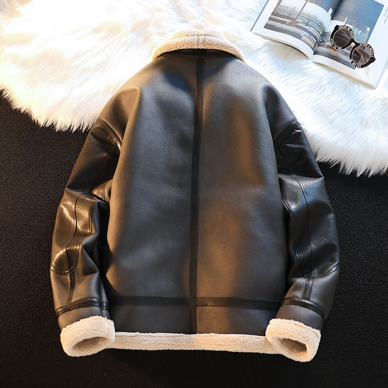 Men's Winter Fleece-Lined Thickened Kamela PU Leather Lamb Wool Integrated Cotton Jacket - الصورة 4