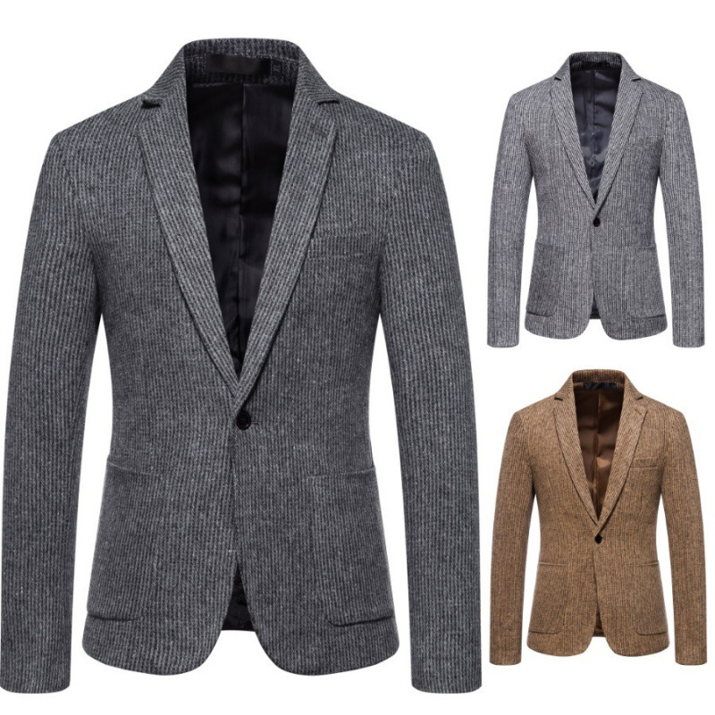 Simple Mens Fashionable Business-Casual Korean-Style Striped Wool Blazer - الصورة 2
