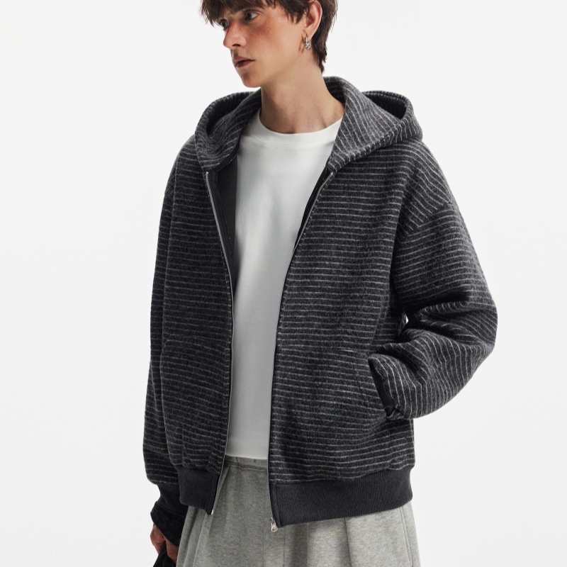 Hooded Heavyweight Lazy Style Striped Cardigan Coat - الصورة 5