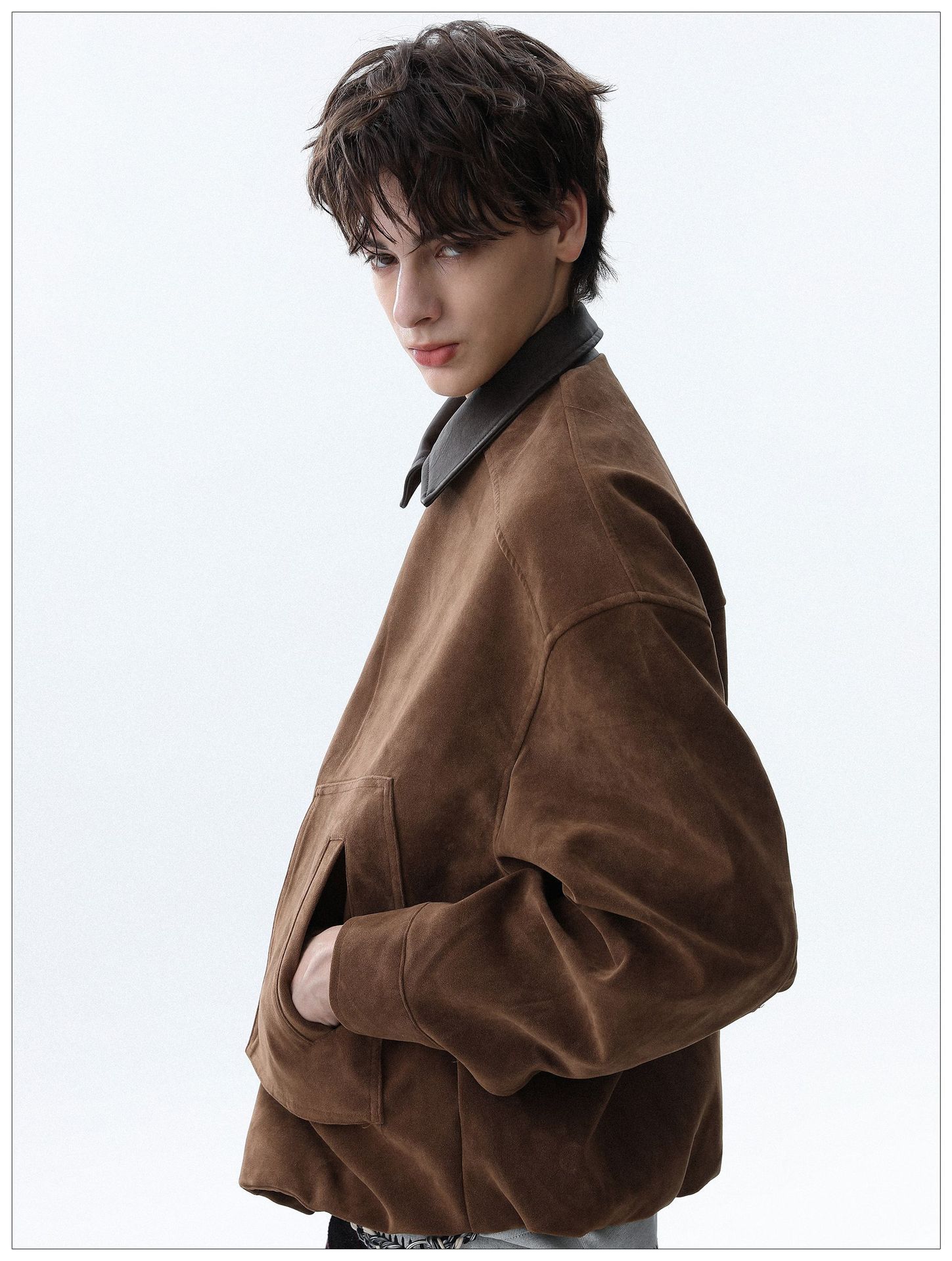 Maillard Brown Leather Collar Airplane Button Jacket Men's Simple Casual Coat - الصورة 5