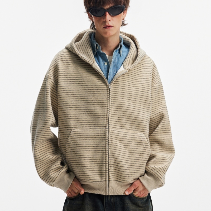 Hooded Heavyweight Lazy Style Striped Cardigan Coat - الصورة 6