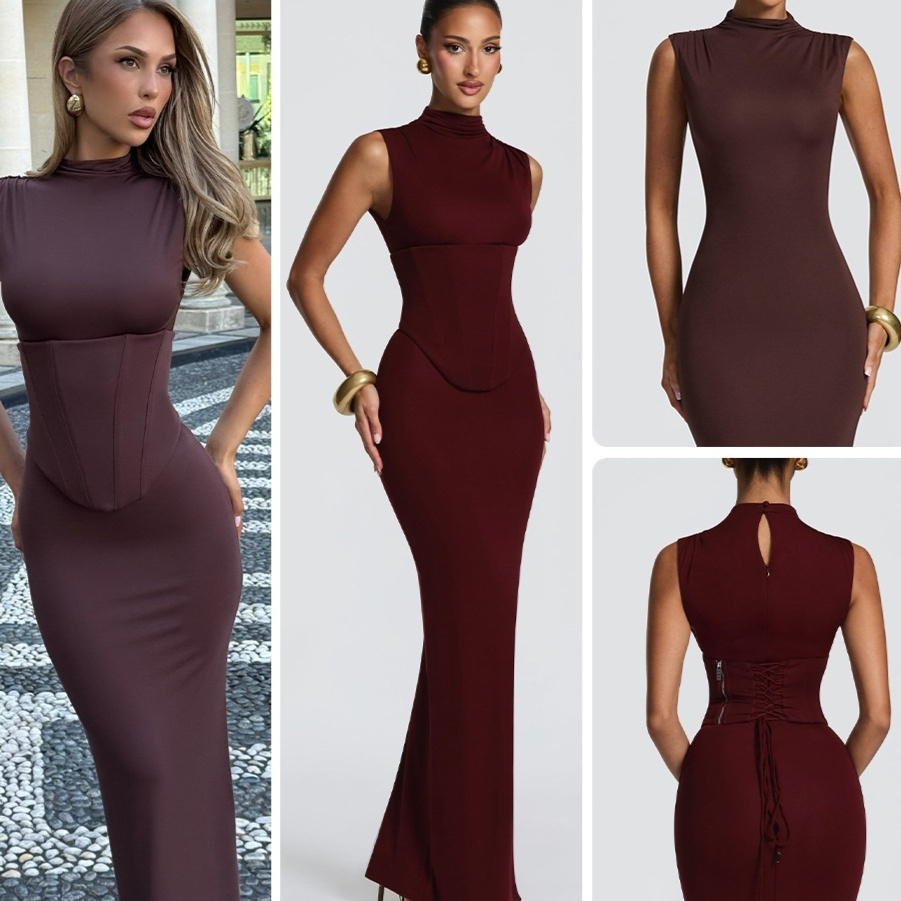 Women's Solid-color Turtleneck Sleeveless Underbust Waist-cinching Set