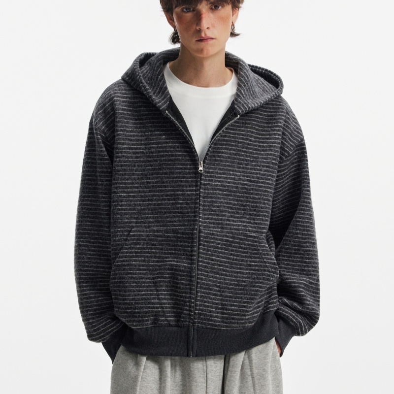 Hooded Heavyweight Lazy Style Striped Cardigan Coat - الصورة 3