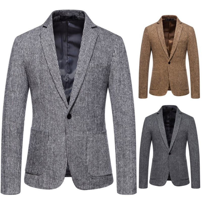 Simple Mens Fashionable Business-Casual Korean-Style Striped Wool Blazer - الصورة 3