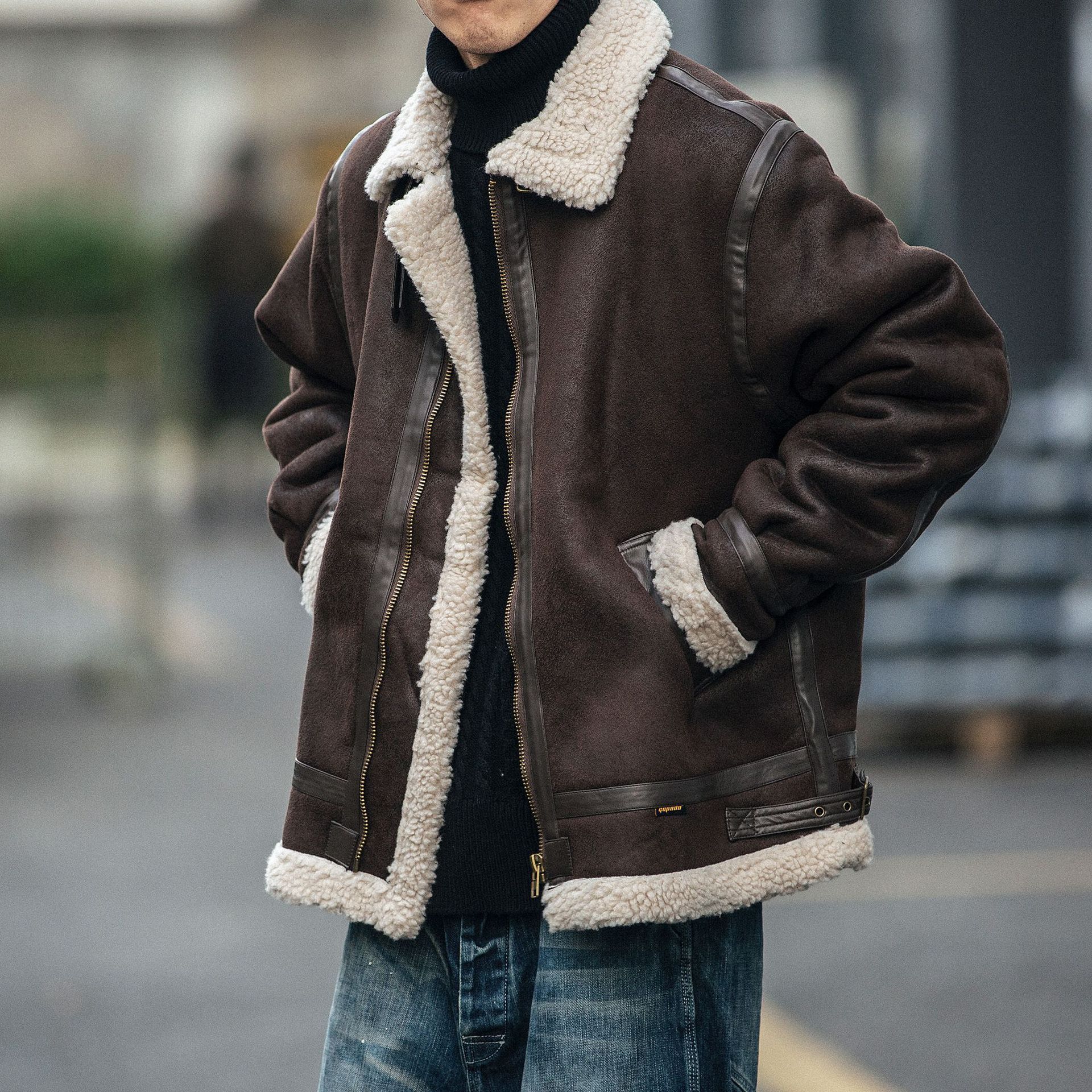 AutumnWinter Suede-Effect Leather Biker Jacket Padded Coat Mens Trendy Brand - الصورة 3