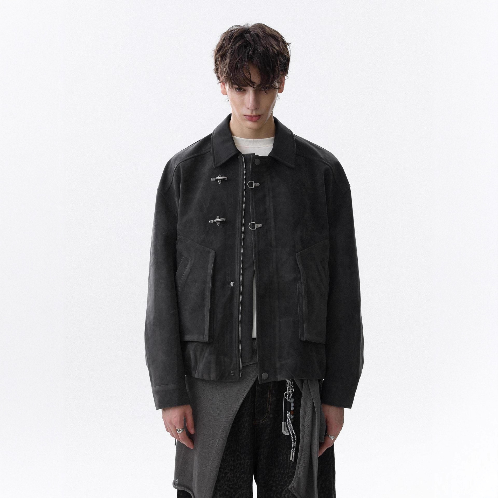 Maillard Brown Leather Collar Airplane Button Jacket Men's Simple Casual Coat - الصورة 3