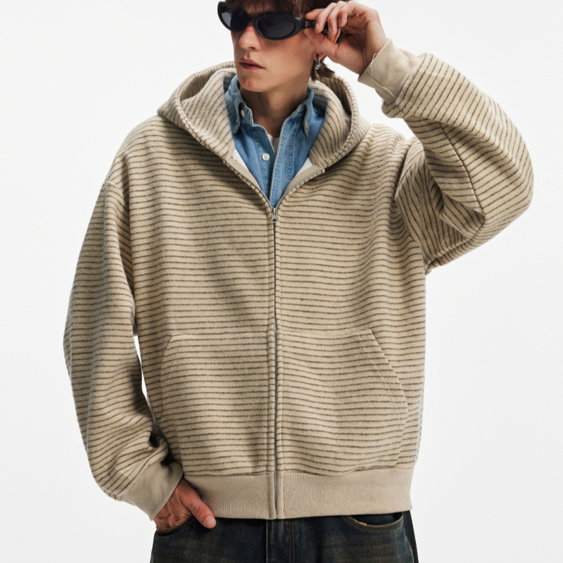 Hooded Heavyweight Lazy Style Striped Cardigan Coat - الصورة 7